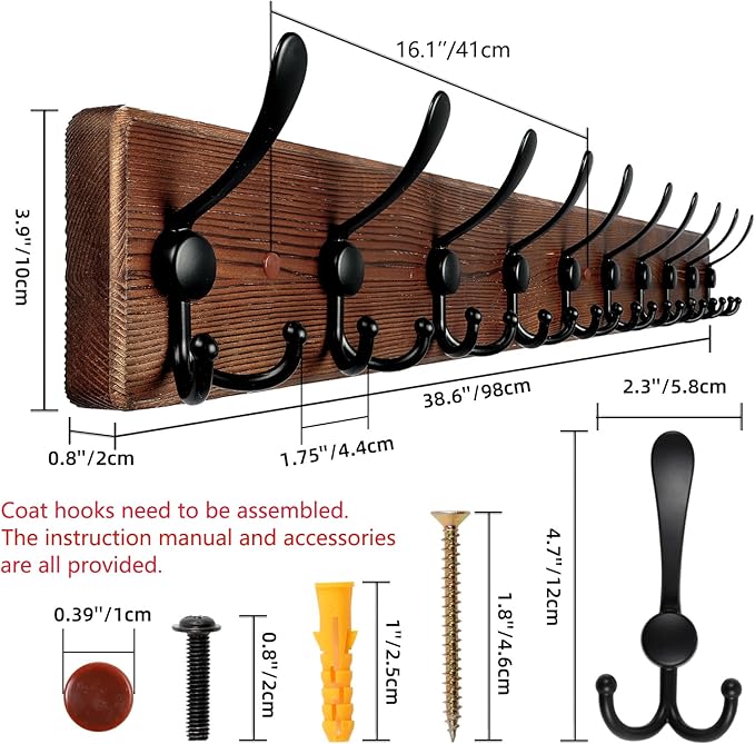 Large Coat Rack Wall Mount 38.6'' Rustic Wood Coat Rack Hook Long Coat Hooks Wall Mount Farmhouse Wall Hooks for Hanging Coat, Bags, Towels