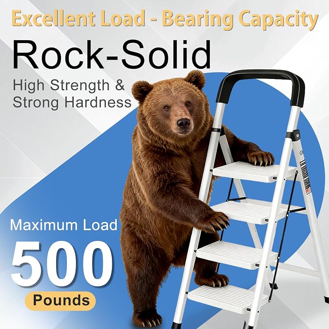 4 Step Ladder Folding Step Stool with Handrail 500LBS Capacity Sturdy Carbon Steel Frame Anti-Slip Pedal & Feet Portable for Home Kitchen Garage Bathroom (white-4step)