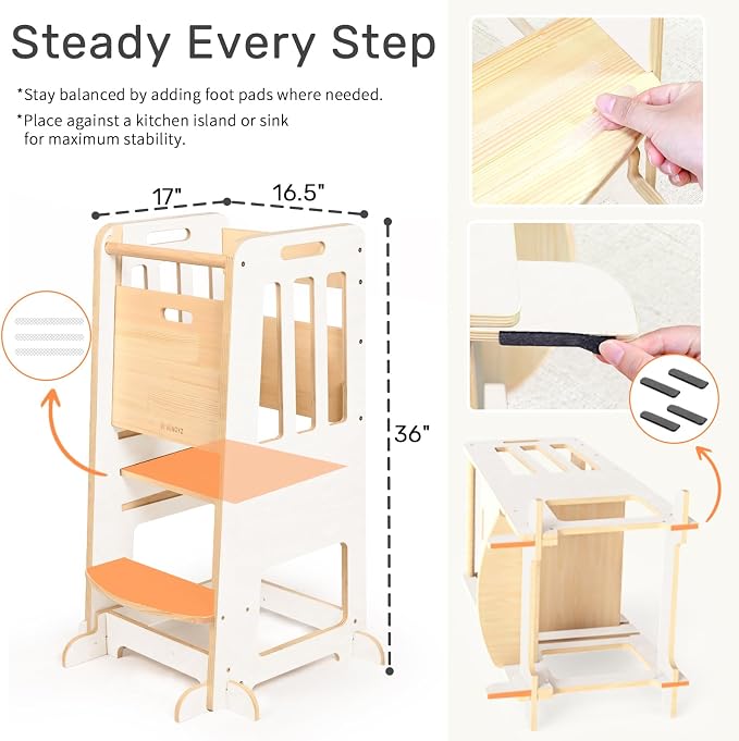 WINGYZ Toddler Tower - Anti-Tip Natural Wood Learning Stool Helper for Kids 18M-6Y, 150lb Capacity Kitchen Stool with 3-Height Adjustable Platform and Sliding Door Access, 20lb Portable Design, White