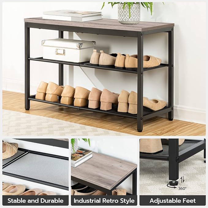 HOOBRO Shoe Bench, 3-Tier Shoe Rack, Industrial Shoe Organizer Storage Bench, 29.5 inches Entry Bench with Mesh Shelves, for Entryway, Living Room, Hallway, Easy Assembly, Greige BG75HX01