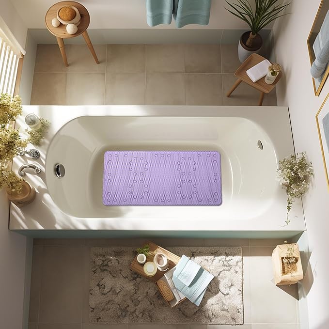 Bathtub Mat Non Slip 36” X 17” Purple Shower Mat Soft Foam Bath Mats for Bathroom Tub, Bathtub Mat with Drain Holes, Suction Cups, Shower Mat Non Slip