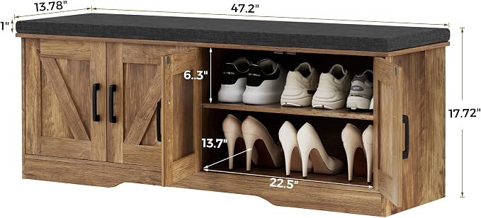 HOMSHO 2-Tier Storage Bench, 47.2" Wide Shoe Bench with Padded Seat Cushion, Entryway Bench with 4 Barn Doors and Adjustable Shelf, Rustic Walnut