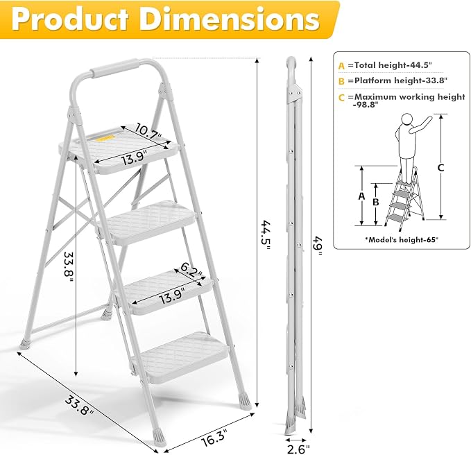 KINGRACK 4 Step Ladder, Folding Step Stool with Safety Lock & Sturdy Anti-Slip Pedals, Pass 800lbs Load Testing, Lightweight, Portable Steel Ladder with Handrails for Home, Kitchen, Garage, Office