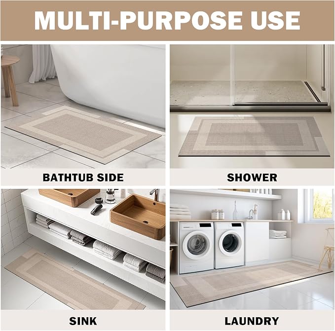YDKGL Non Slip Long Bath Mat Bathroom Runner, Rubber Backing Ultra Thin Bathroom Rugs Fit Under Door Quick Dry Super Absorbent Washable Bath Rug Shower Mat for Bathtub Sink Floor, Beige 24"x48"
