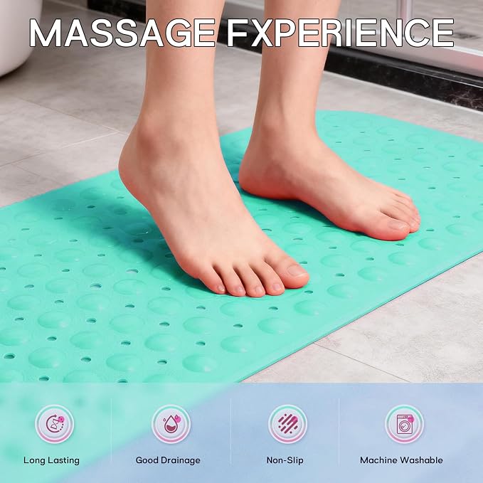 Anti-Slip Bathtub Shower mat, 40×16 inch（ 100 × 40cm） Soft Oversized Machine Washable Non-Slip Bathtub mat with Drainage Holes, Bathroom Floor Suction Cup.（1-Turquoise Green）