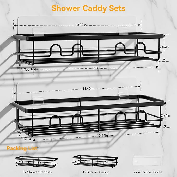 Adhesive Shower Caddy, Large Capacity Shower Racks for Inside Shower, No Drill Bathroom Shower Organizer and Storage, 2 Pack Black Bathroom Shelves, Home Decor Rv Accessories, Apartment