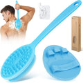 Silicone Back Scrubber & Bath Glove Set 2PCS, 13.4'' Gentle Shower Back Scrubber with Dual-Side Head Non-Slip Handle, 360° Anti-Slip Hand-fit Bath Glove for Rich Foaming Deep Cleaning(Blue)