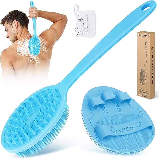 Silicone Back Scrubber & Bath Glove Set 2PCS, 13.4'' Gentle Shower Back Scrubber with Dual-Side Head Non-Slip Handle, 360° Anti-Slip Hand-fit Bath Glove for Rich Foaming Deep Cleaning(Blue)