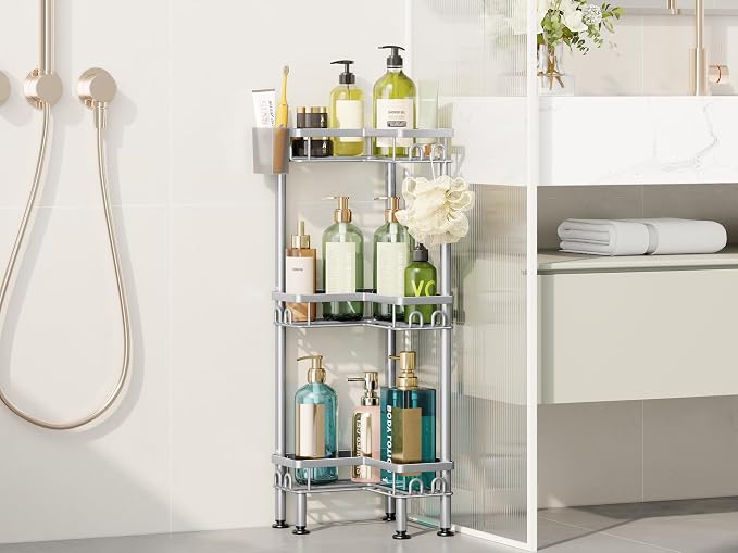 HapiRm Standing Shower Caddy Corner - 3 Tier Corner Shower Organizer with Toothbrush Holder and 12 Hooks, Large Capacity Rustproof Bathroom Shelves for Tall Bottles, Silver