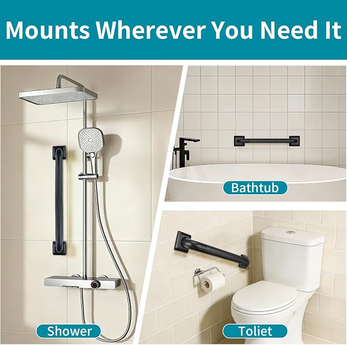 Shower Grab Bars for Seniors, 12 Inch Square Matte Black Bathroom Handle for Wall, 304 Stainless Steel Anti Slip Bathtub Safety Bar, ADA Compliant 500 LBS Hand Rail for Elderly, Handicap
