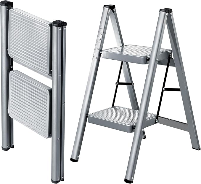 XinSunho 2 Step Ladder, Folding Step Stool with Anti-Slip Wide Pedal, Portable Sturdy Steel Ladder 2 Steps, 330lbs Safety Kitchen & Household Ladder