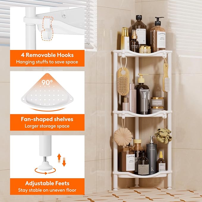 Lifewit Floor Standing Shower Caddy Corner, 3 Tier Plastic Shower Stand Rack with Adjustable Feet and Hooks, Rustproof Bathroom Shelf Organizer, White, 34 x 24 x 75 cm/13 x 9.5 x 29.5 inch