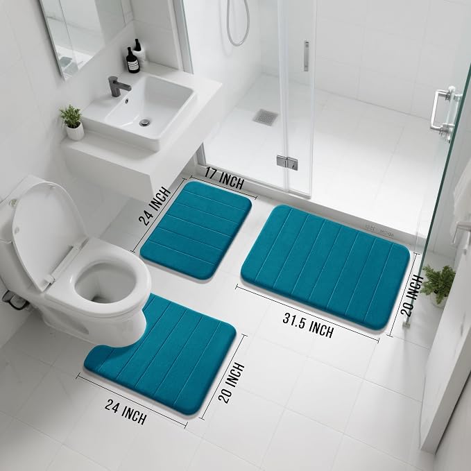 Yimobra Memory Foam Bath Mat Set 3 Pieces- Super Soft Absorbent Quick Dry Bathroom Rug Sets, Machine Washable Non Slip Floor Carpet for Tub Shower, Vanity & Toilet Base, Peacock Blue