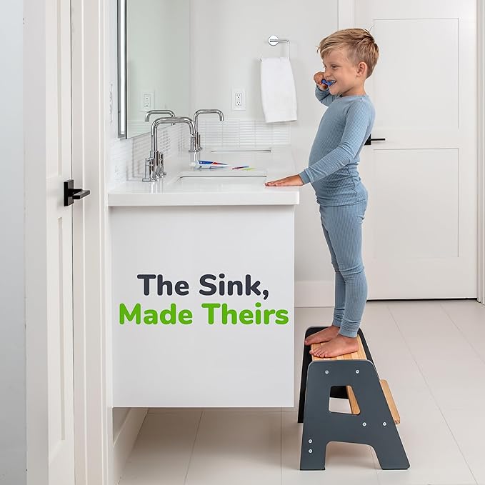 OCODILE 2-Step Wooden Step Stool for Toddlers | Kids Stool for Bathroom Sink & Kitchen Use | Non-Slip Step | Wooden Stool for Children Ages 2+ Years Gray