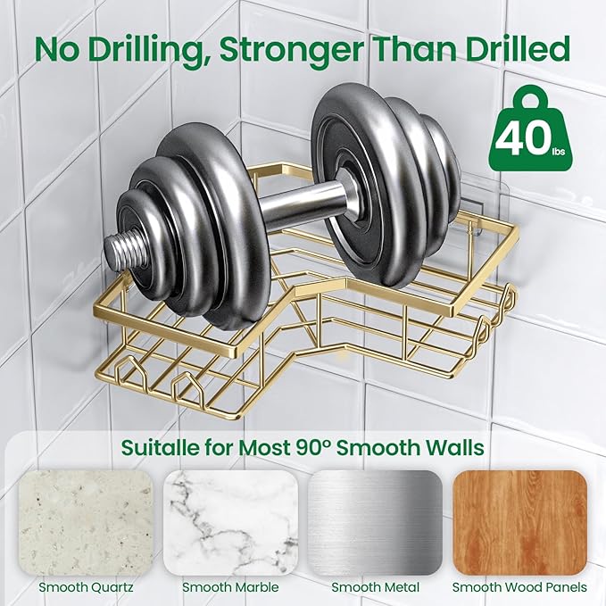 Adhesive Shower Caddy, 6 Pack Corner Bath Organizer, Rustproof Stainless Steel Shower Shelves with Large Capacity, No Drilling Shelves for Bathroom Storage, Home, Kitchen Décor(Gold)