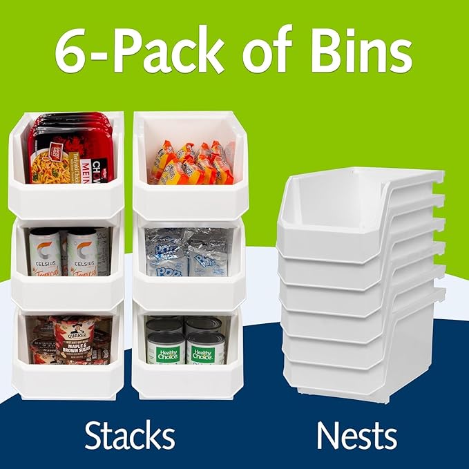 ReadySpace Large Plastic Containers for Organizing and Storage Bins for Closet, Kitchen, Office, Pantry, 375 x 203 x 178 Mm, White, 6 Count