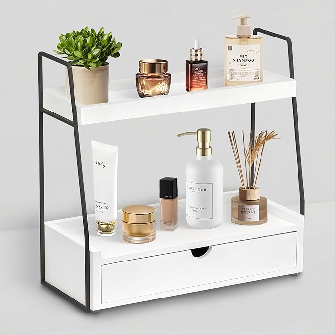 2-Tier Bathroom Organizer Countertop with Drawer, Wood Counter Organizer for Bathroom Decor, Sink Shelf for Vanity Storage, Makeup Tray for Perfume Skincare, Spice Rack Bedroom Kitchen Corner ﻿