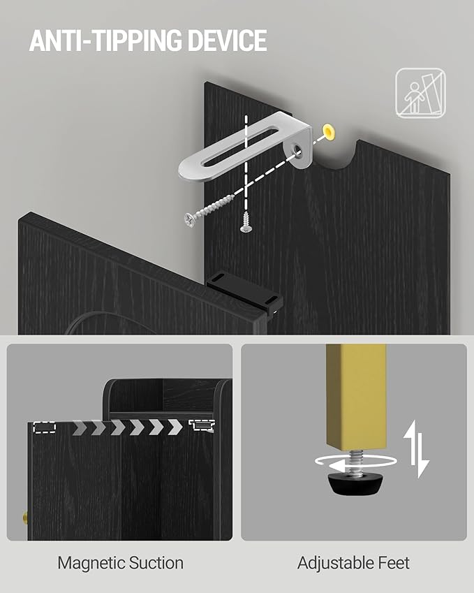 Hzuaneri Slim Bathroom Storage Cabinet, Narrow Bathroom Organizers and Storage with 4 Adjustable Feet, Laundry Room Organization for Small Space, Kitchen, Living Room, 3 Doors Black BC22304G