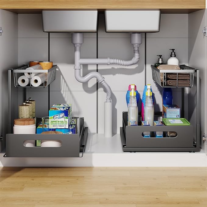 2 Pack Under Sink Organizer, 2 Tier Pull-Out Cabinet Storage Shelf, Rust-Resistant Metal Organizer for Kitchen Bathroom Laundry Room, No Tools Installation, Black