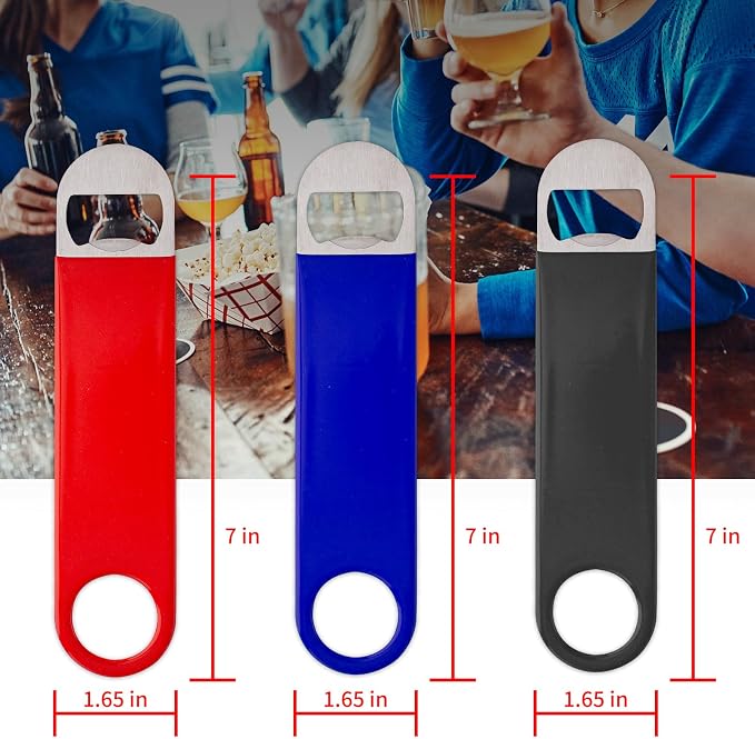 7" Rubber Grip Stainless Steel Flat Bottle Opener, Black Red Blue Sturdy and Durable 3 Pcs Gifts for Friends, Suitable for Bar Bartender Men and Women Kitchen Restaurant Party