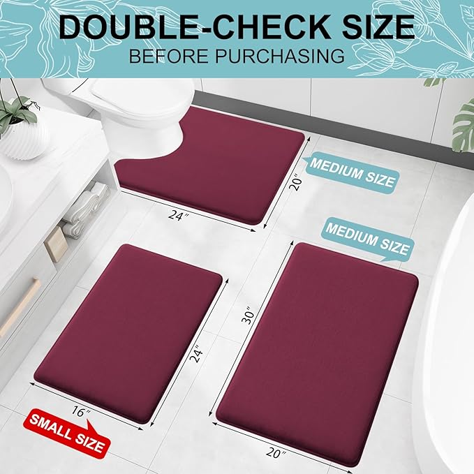 Smiry Memory Foam Toilet Rugs U-Shaped 24x20, Extra Soft Absorbent Non-Slip Contour Bathroom Rugs, Machine Washable Bath Mats for Toilet, Burgundy
