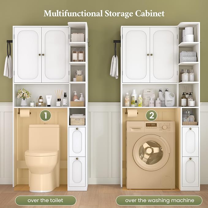 7-Tier L-Shaped Over the Toilet Storage Cabinet with Doors, 2 Large Drawers, Tissue Holder & Towel Holder, Bathroom Over Toilet Storage Cabinet with Adjustable Shelf for Bathroom, White