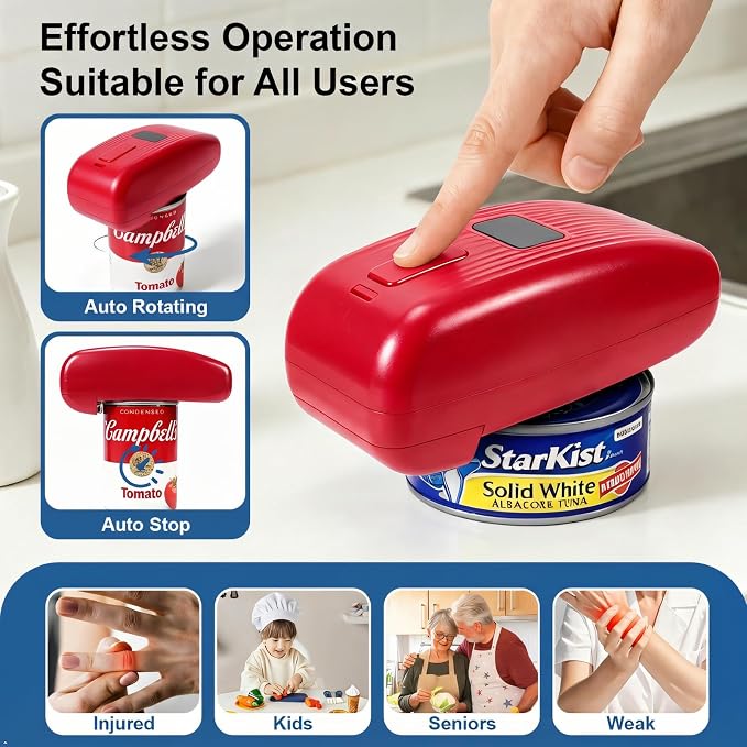 Electric Can Opener with LED Digital Display, USB Rechargeable, One-Touch Automatic, Hands-Free, Smooth Edge, Compact Cordless Opener for Seniors (Red)