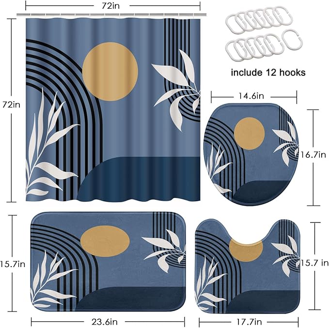 Boho Mid Century Shower Curtain Set with Toilet Lid Cover and Non-Slip Rugs, Abstract Geometric Blue Background 4 Pcs Modern Minimalist Vintage Shower Curtain for Bathroom Set with 12 Hooks