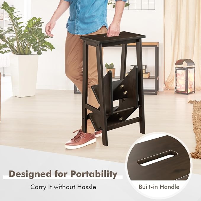 DORTALA 3 Tier Folding Step Stool, Rubber Wood Multifunctional Ladder Chair Bench, Portable Utility Seat, Flower Rack, 200 Lbs Capacity, Ideal for Library, Home (Coffee)