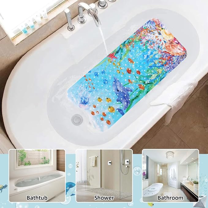 Topotdor Baby Bathtub Mat Non Slip for Kids, 40 X 16 Inch Cute Cartoon Bath Tub Shower Mat Anti Slip with Suction Cups & Drain Holes, Coral Fish