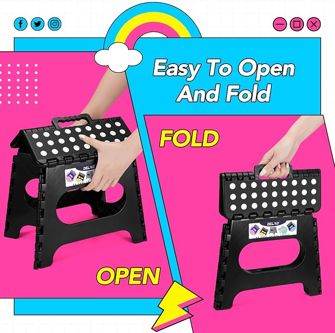 Delxo 11 inch 2 Pack Folding Step Stool, Non-Slip Foldable Stools Up to 300 LBS, Step Stool with Handle, Lightweight Collapsible stools for Kitchen, Bathroom, Bedroom, Garden (Black)