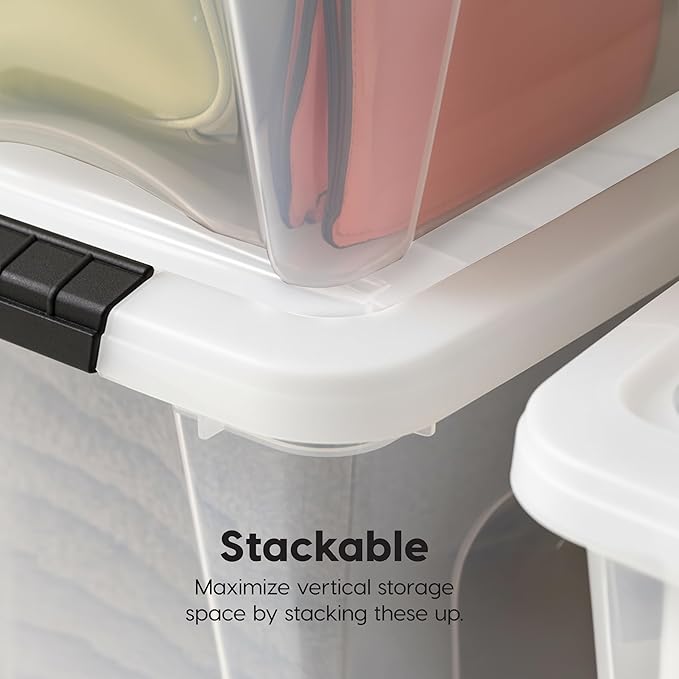 IRIS USA 19 Qt Stackable Plastic Storage Bins with Lids, 6 Pack - BPA-Free, Made in USA - See-Through Organizing Solution, Latches, Durable Nestable Containers, Secure Pull Handle - Clear/White