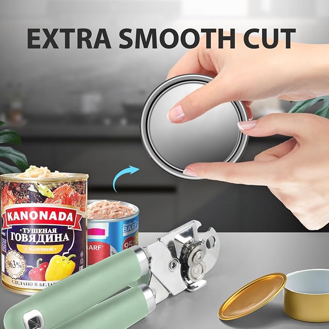 Safring Can Opener Manual, Heavy Duty Handheld Strong Can Opener with Soft Touch Handle, Sharp Blade Smooth Edge, Can Openers with Multifunctional Bottle Opener, Mint