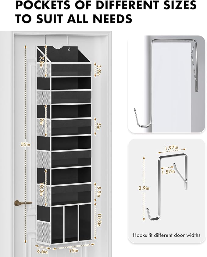 Over The Door Organizer Hanging 6-Shelf Storage Organizer with 50lb Heavy Duty Perfect for Bathroom Closet Nursery Bedroom Laundry Pantry (Black, 1 Pack)