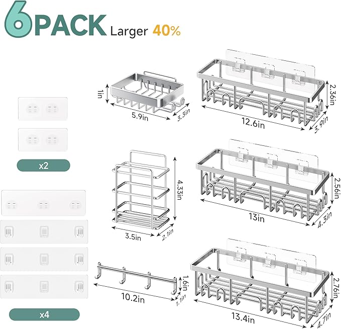Veken Shower Caddy 6-Pack, Advanced Rustproof Design, No Drilling Adhesive Shelves, Rack with Soap Holder, Large Capacity Bathroom Organizers and Storage, Wall-Mounted Kitchen & Home Decor, Silver