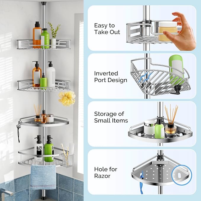 HAMITOR Corner Shower Caddy Tension Pole: Quick Installation 4-Tier Rustproof Bathroom Organizer Shelves for Bathtub Shampoo Storage - 47-121 inch Adjustable Floor Standing Bath Rack Holder - Silver