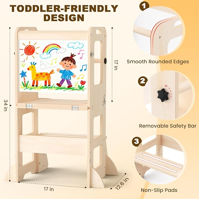 4-in-1 Toddler Kitchen Step Stool, Foldable Learning Standing Tower with Whiteboard, Wooden Kitchen Stool Helper for Kids, 1-3 Year Old Boy Girl Gifts