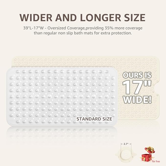 OTHWAY Bath Mat for Tub Non Slip: 39" X 17" Long Bathtub Mat with Hair Catcher│Big Drain Holes Shower Mats for Inside Shower│Machine Washable (Beige)