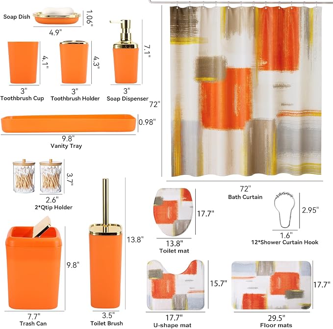 XLHOMO Bathroom Set - Orange Bathroom Accessories Set, Bathroom Sets with Shower Curtain and Rugs, Orange Shower Curtain Set with Bathroom Trash Can, Soap Dispenser, Soap Dish for Home Decor
