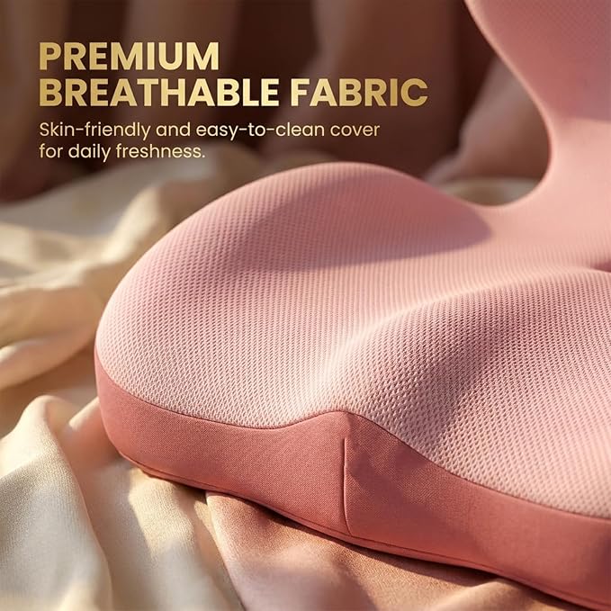 SakerPlus Ergonomic Seat Cushion Ergonomic Memory Foam Seat Cushion, L-Shaped Office Chair Cushion & Car Seat Cushion for Long Sitting, Lower Back Support Pillow for Office, Home, Driving (Pink)