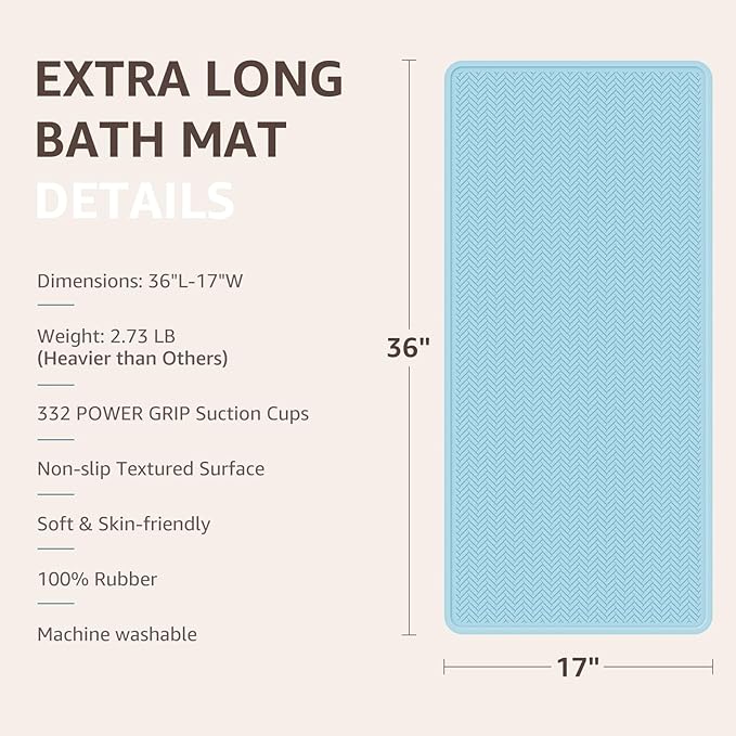 OTHWAY Bathtub Mat Non Slip, Extra Long Rubber Bath Mat for Tub, Machine Washable Shower Anti Slip Mat with 332 Strong Suction Cups (Lake Blue, 36" x 17")