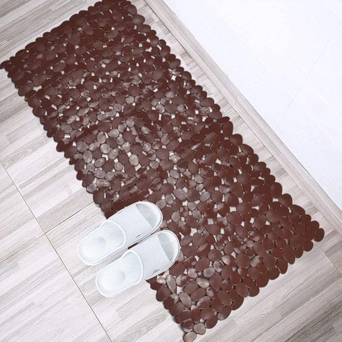SONGZIMING Bathtub Mat Non Slip Pebble Bath Shower Mat with Drain Holes, Suction Cups Mat for Tub (16" W x 35" L,Brown)