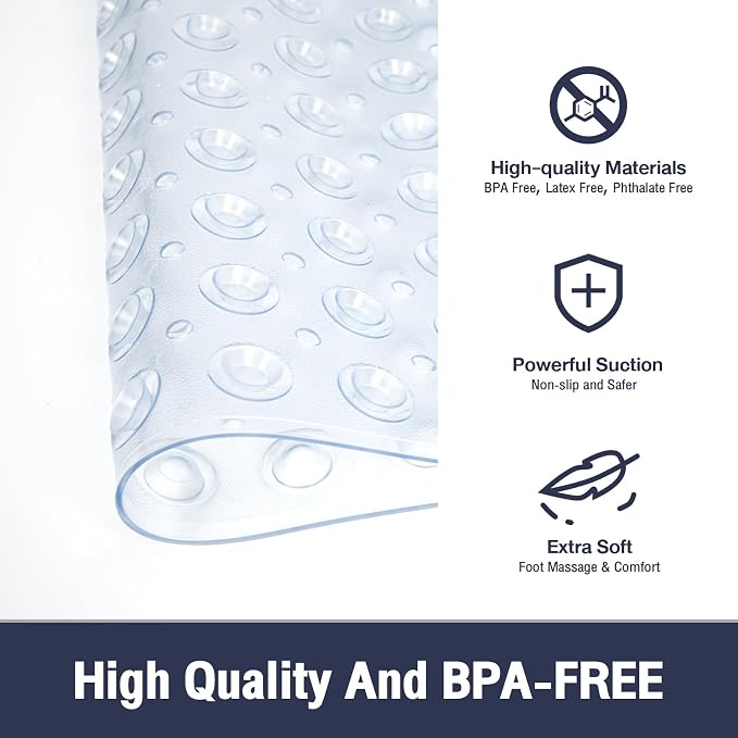 Extra Long Clear Bathtub Mat Non Slip, Soft Bath Mat for Tub 40 x 16 Inch Full Size, Bath Tub Shower Mats for Bathroom Floor with Big Suction Cups and Drain Holes, Easy Washable, BPA Free