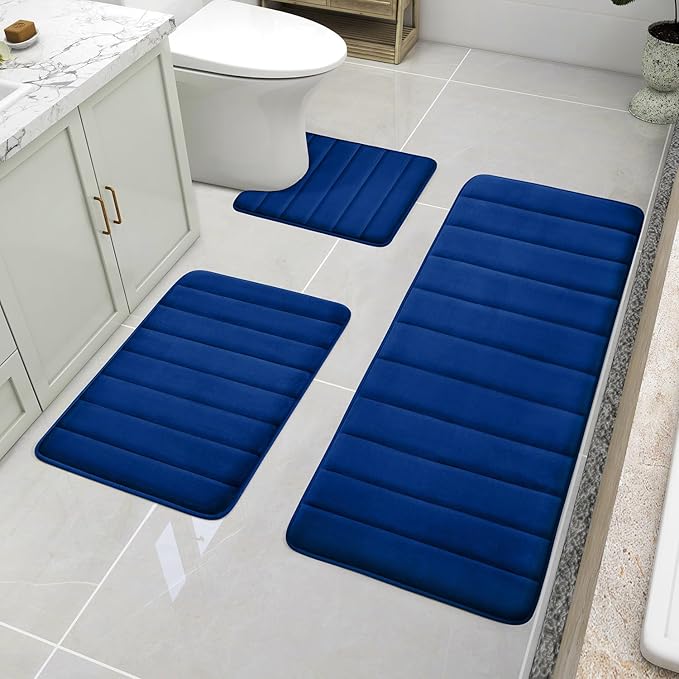 BYSURE Navy Blue Memory Foam Bath Mats, Non Slip Extra Soft Absorbent Machine WashableToilet Bathroom Rug Set 3 Piece (20"x32"+24"x44"+U Shape 20"x24")