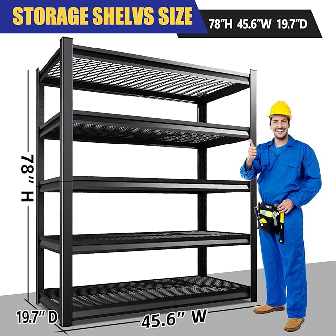 Garage Shelving-3000 lbs 5 Tier Storage Shelves, Adjustable Heavy Duty Metal Shelving Unit and Storage Large Wire Rack, Utility Steel Shelf for Warehouse Industrial Pantry Basement -78"x46"x20", Black