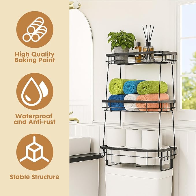 ShellKingdom Over The Toilet Storage Shelf, 3 Tier Toilet Paper Holder Stand Shelves, Punch-Free Bathroom Storage Rack with Hooks, Small Space Organizers for Bathroom, Home, Countertop, Black