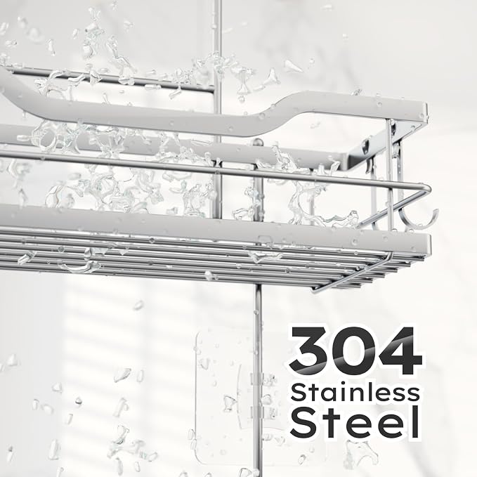 Consumest Over Door Shower Caddy - 2 Tier Shower Shelves Hanging with Soap Holders, Large Capacity Shower Organizer with 4 Hooks, Bathroom Rack and Storage, Silver