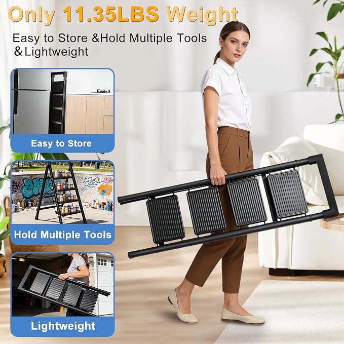 4 Step Ladder with Handrail Folding Step Stool with Tool Tray 500LBS Capacity Sturdy Carbon Steel Frame Anti-Slip Stripe Pedal for Home Kitchen Garage (black-4step)