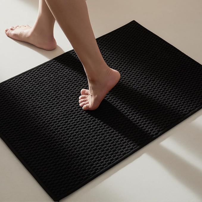 TYUU Black Bathroom Rugs Non Slip Washable, Super Absorbent Thin Bath Mat Quick Dry Low Pile Bathroom Rug, Black 24''x36''
