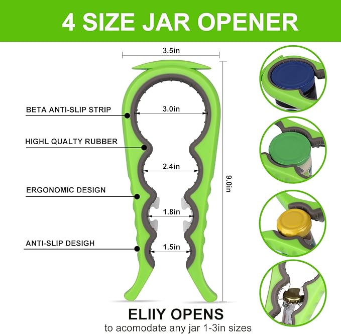 6 in 1 Lids off Jar Opener, Bottle Opener for Weak Hands, Seniors, Arthritis, Women, Kids - Multipurpose Kitchen Tool, Easy open. & Non Slip Rubber Jar opener Gripper Pad, Green